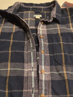L.L. Bean Navy Plaid Button-Down Shirt with Tan Stripes